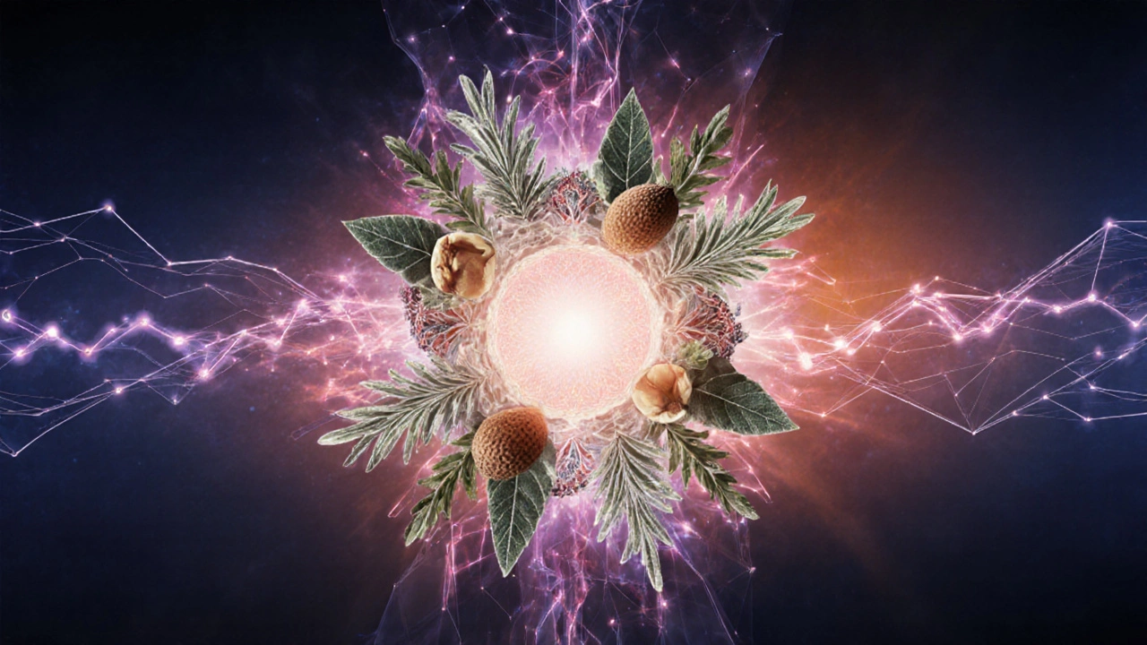 Abstraktní mandala vyzařuje energii kolem pánve, symbolizuje vitalitu po menopauze.