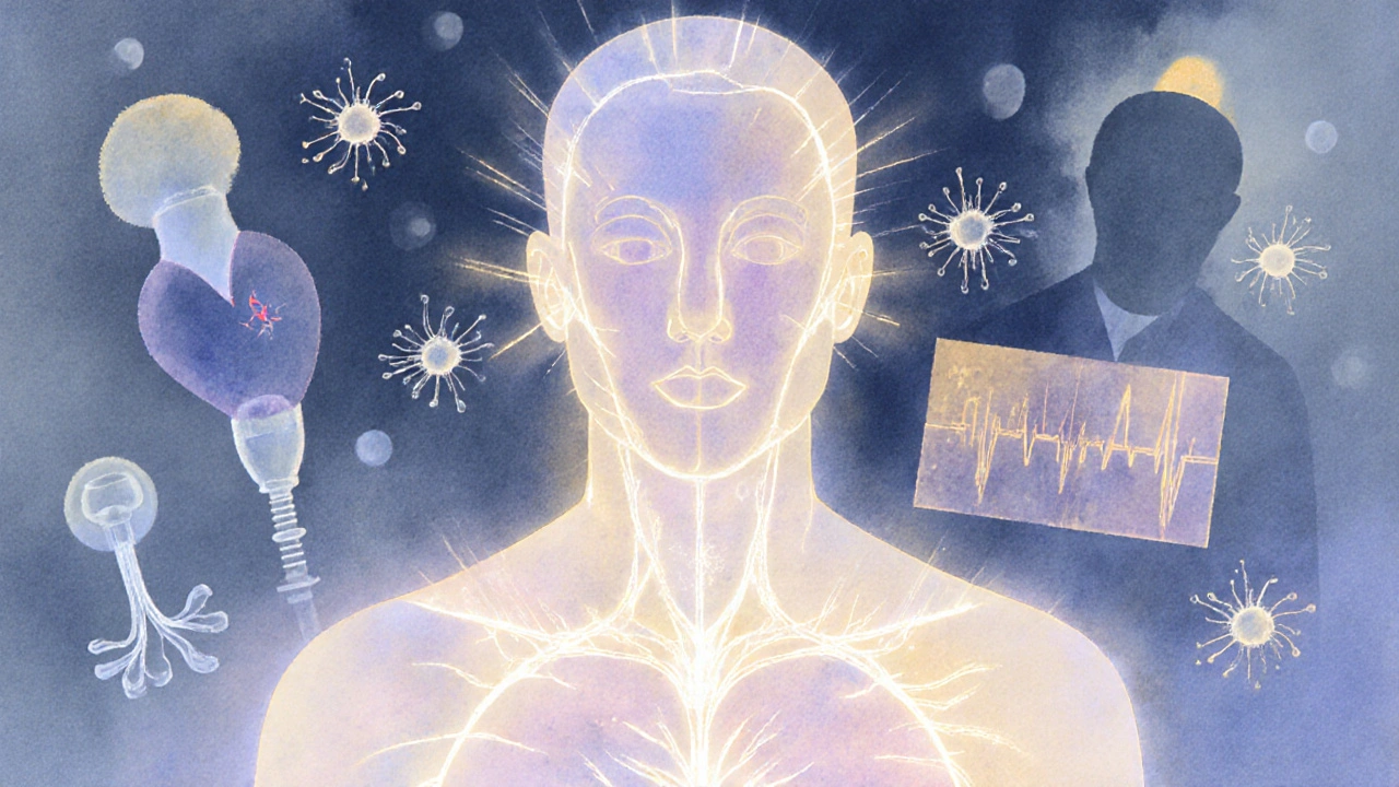 Abstraktní znázornění klidného přechodu těla z režimu stresu do režimu obnovy po léčbě rakoviny.