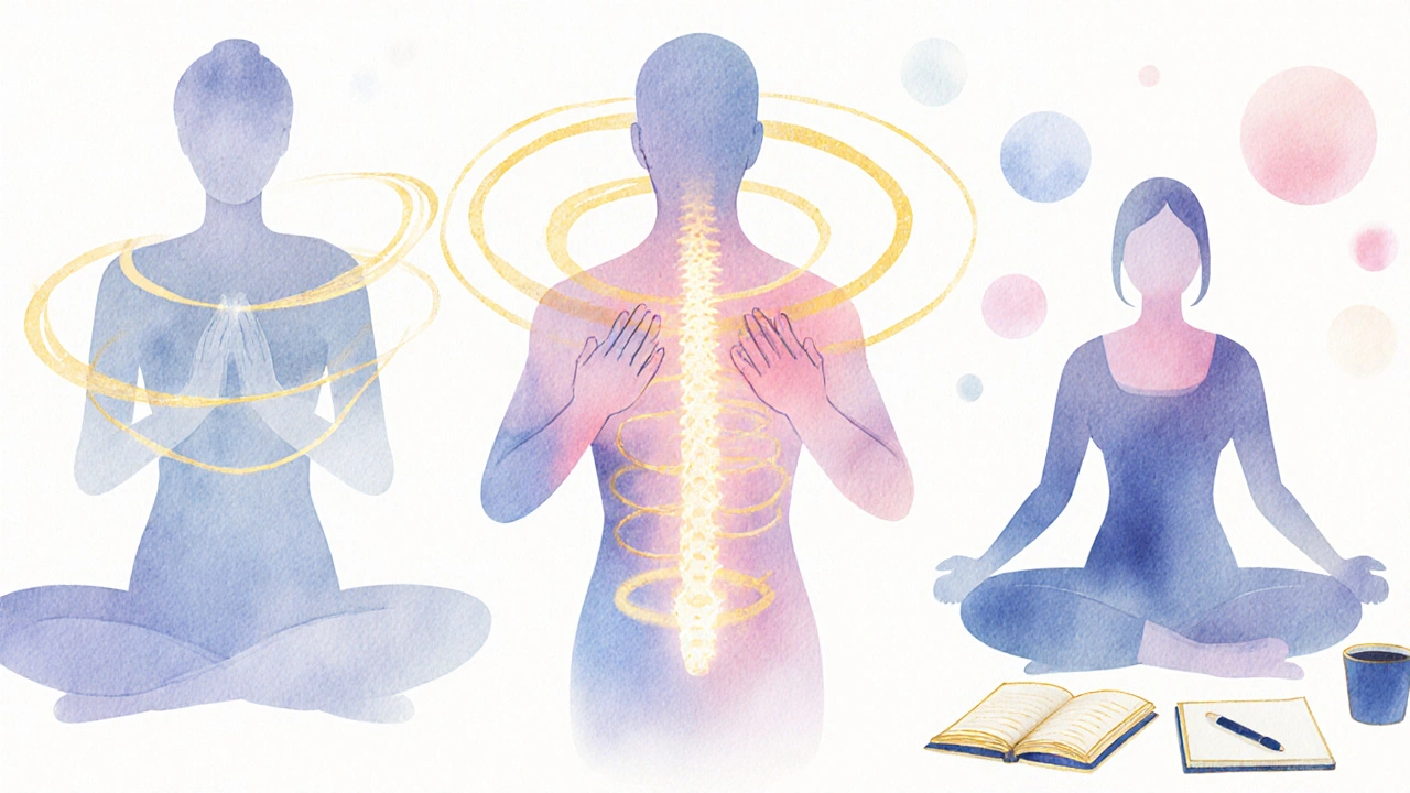 Ilustrace tří fází tantrické masáže: příprava, energetické tahy a následná integrace.