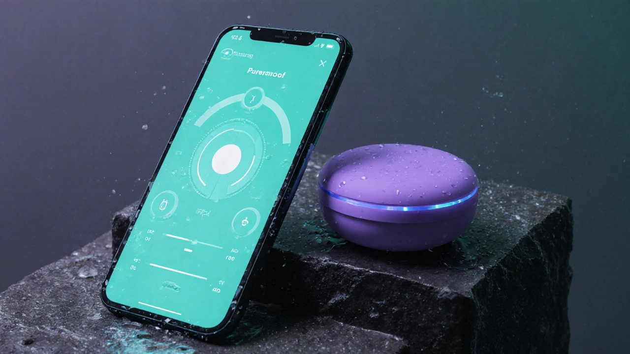 Smartphone s aplikací a voděodolný vibrátor na mokrém kameni.