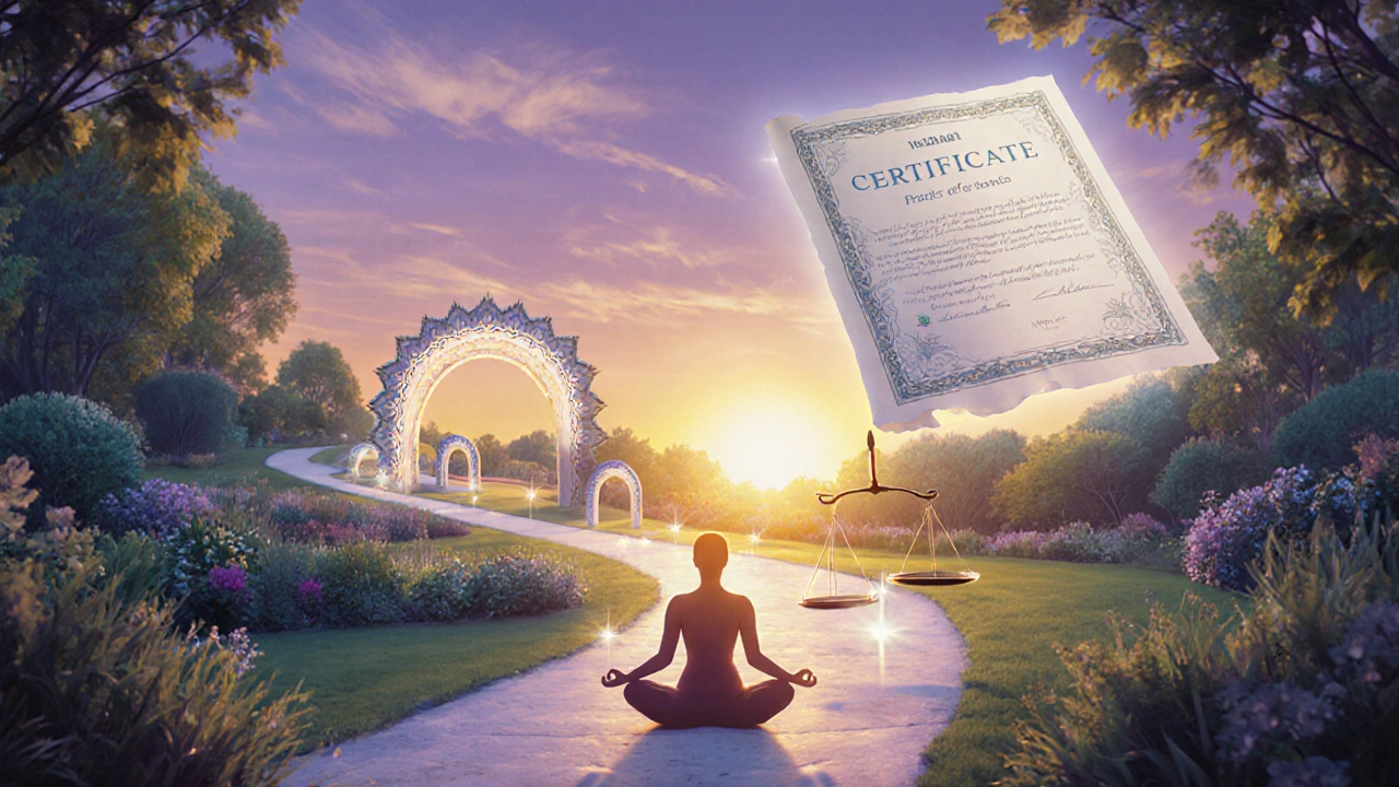 Symbolická cesta růstem: stezka v zahradě, cykly, certifikát a postava v Simha Yoga.