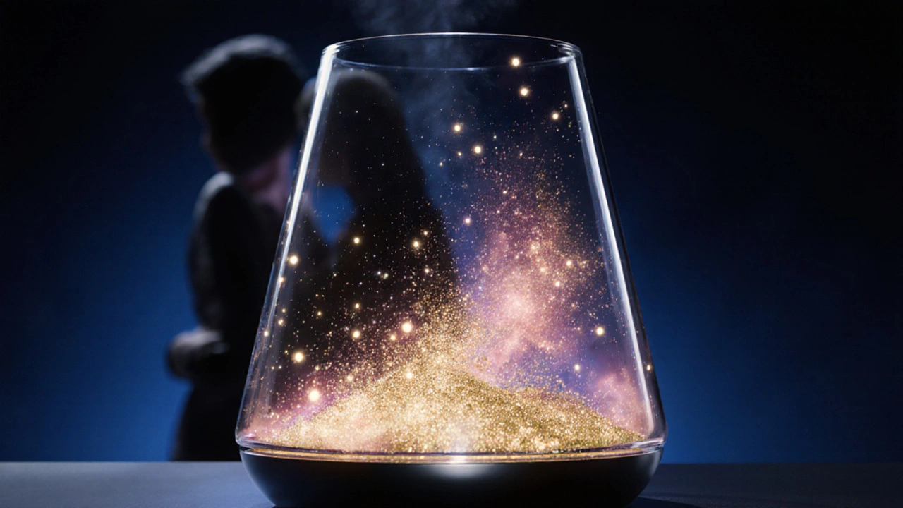 Abstraktní vizualizace adaptivní vůně s pulsujícími částicemi, symbolizující reakci na tělesný kontakt.