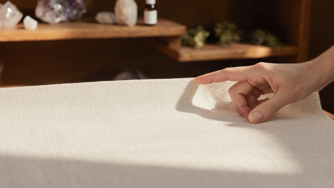 Detail tenké lněné látky na těle muže, jemný dotyk prstu na povrchu, žádný přímý kontakt s kůží.