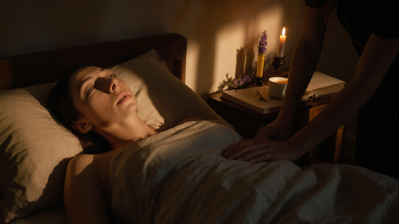 Dvojice si navzájem masíruje záda v klidné ložnici s rozsvícenou svíčkou.