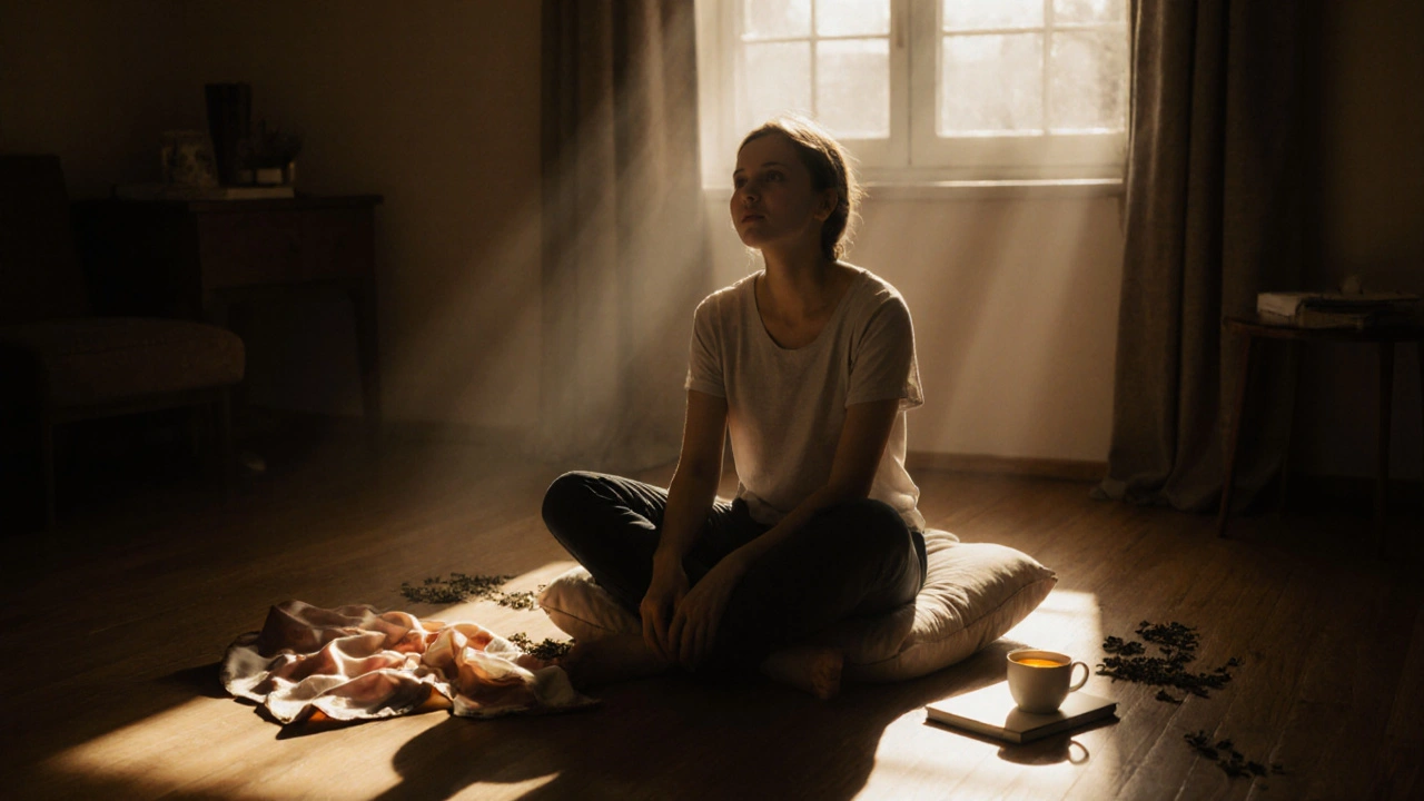 Klient po masáži sedí klidně, oči zavřené, v klidné místnosti s přirozeným světlem a náznaky odpočinku.