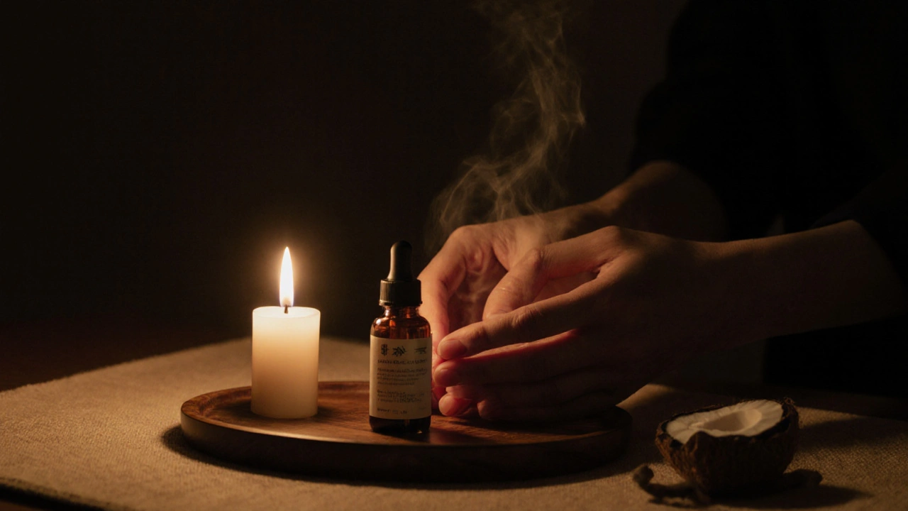 Minimální rituál s olejem a svíčkou v tiché noční atmosféře bez rušivých předmětů.