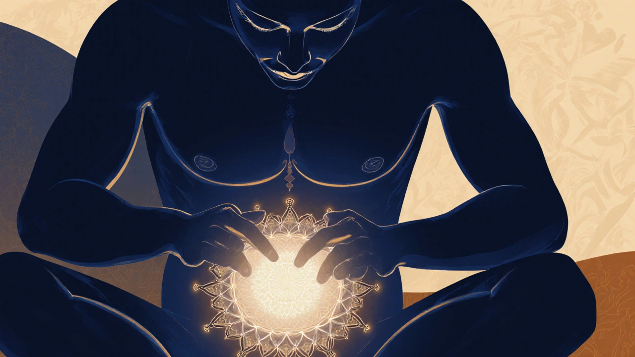 Muž sedí s očima zavřenými a jemně tlačí na pánevní dno, kolem břicha se vynořuje energetické světlo.