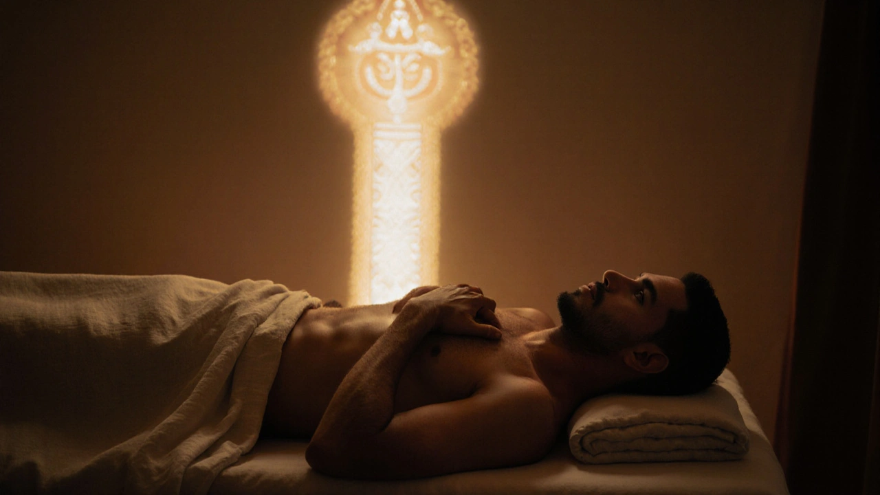Muž v klidu na masážním stole, látka pokrývá genitálie, v pozadí jemné zlaté světlo symbolizující tantrický lingam.