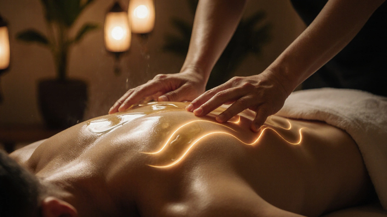Pohled na záda klienta s jemným olejem a zlatými energetickými vlnami se šířícími po kůži.
