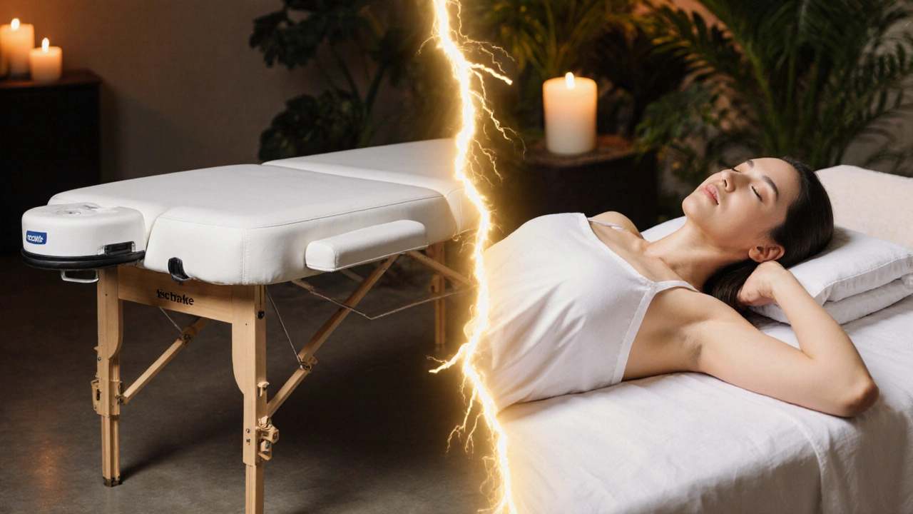 Porovnání levného a kvalitního masážního lehátka: jeden ruší energii, druhý podporuje klid a hlubokou relaxaci.