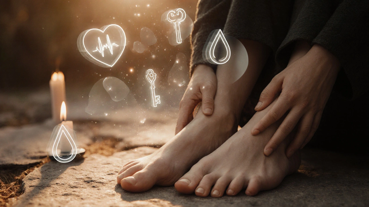 Příčný pohled na nohy a stehno ženy, kolem ní se rozptýlí symboly dechu, srdce a slzy — znázorňuje uvolnění traumatu.