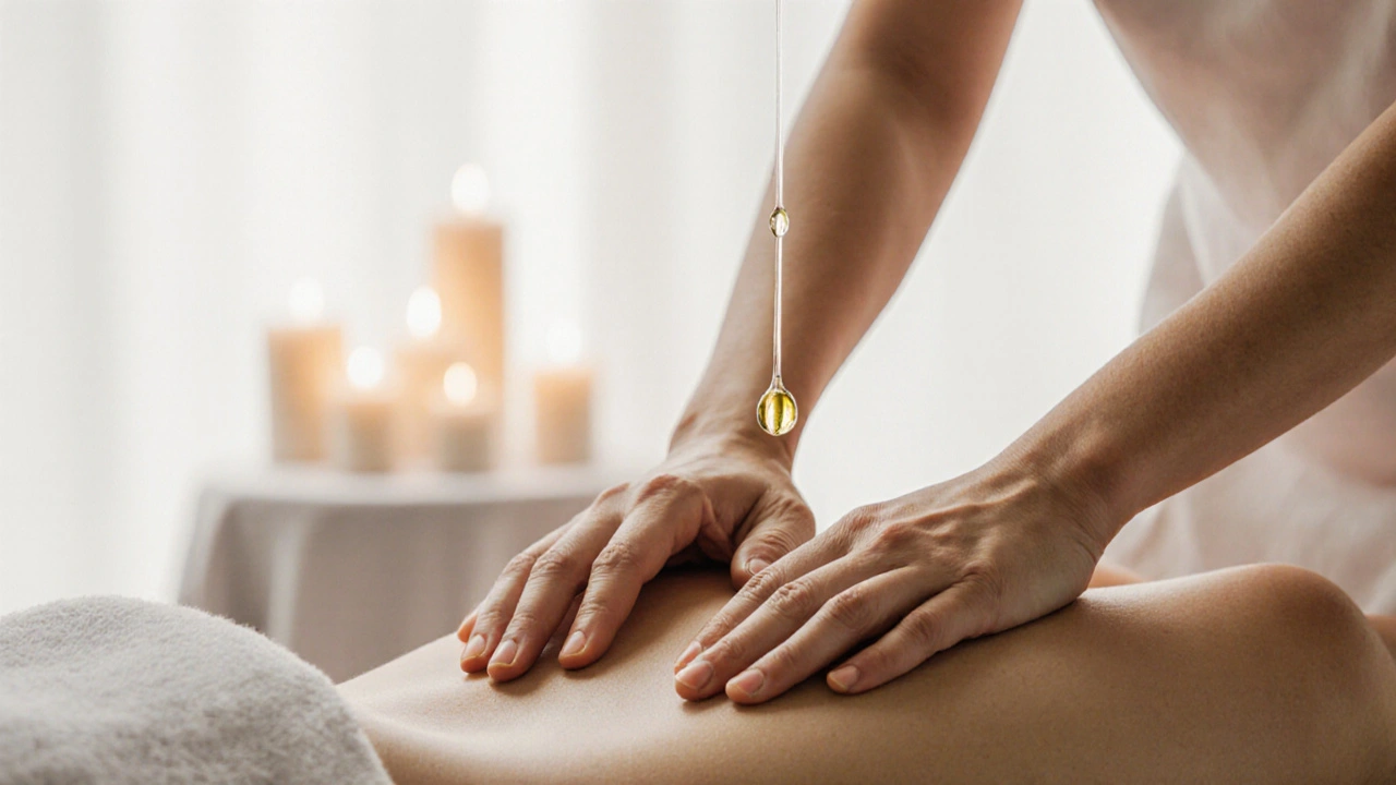 Ruce maséře pracují současně na bezpečné a citlivé zóně, zdůrazňující rytmický návrat k bezpečí.