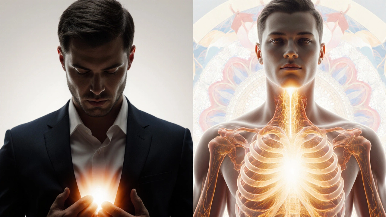 Symbolický obraz muže před a po lingam masáži – ze stresu k klidu s energií proudící tělem.