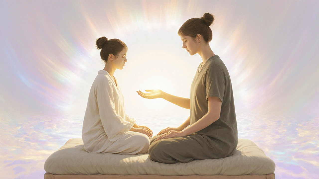 Terapeutka rukou přibližuje energii k pánvi klientky, jemné zlaté světlo symbolizuje obnovu nervového systému.