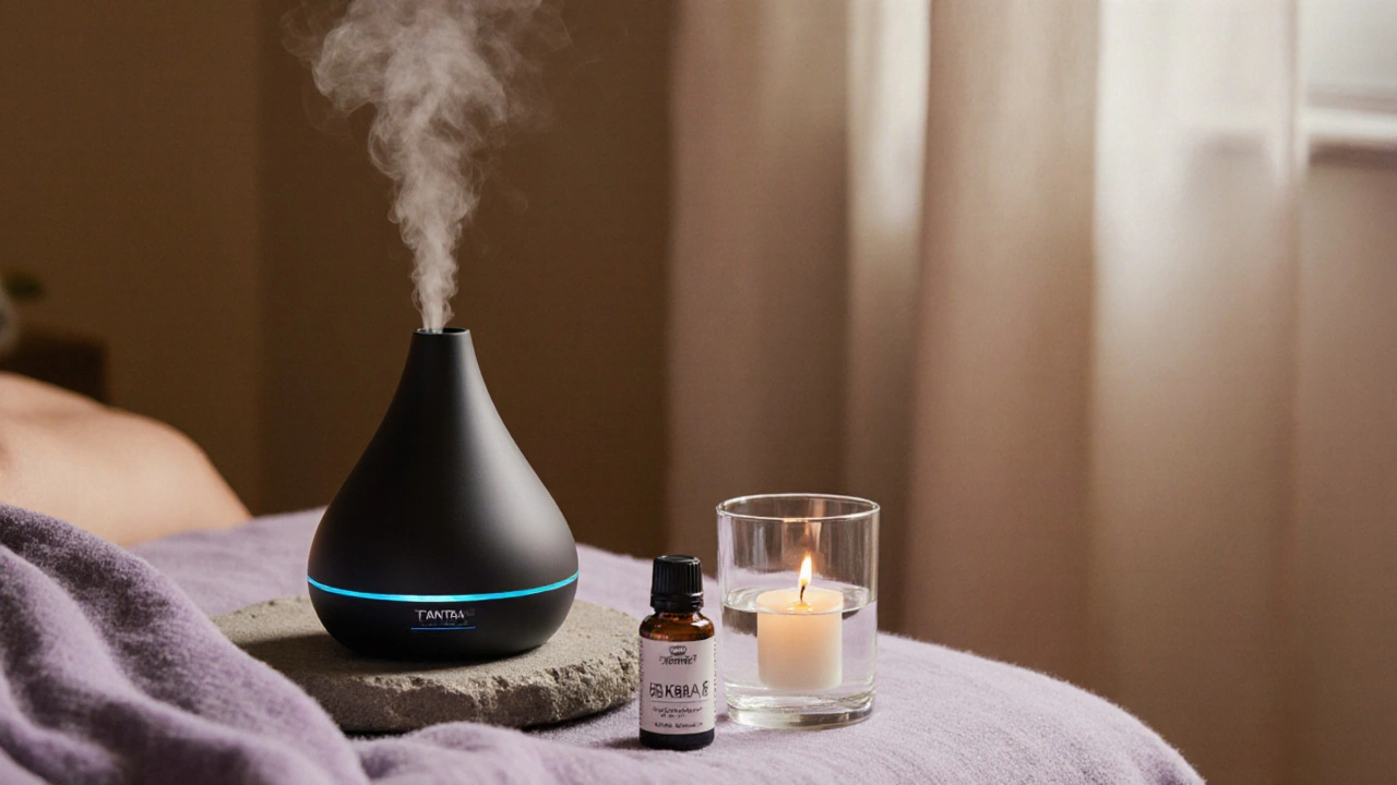 Tichá místnost s difuzérem a lávkou esenciálního oleje, osvětlená svíčkou a jemným denním světlem.