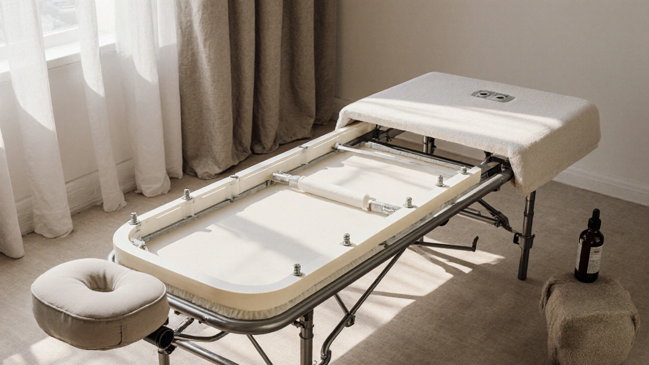 Vnitřní konstrukce profesionálního skládacího masážního lehátka s 3-zónovou podporou a měkkým povrchem.