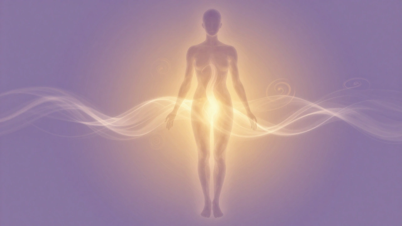 Abstraktní silueta těla s jemnými světelnými vlnami proudícími z pánve k hlavě, symbolizující obnovu vnitřního pocitu.