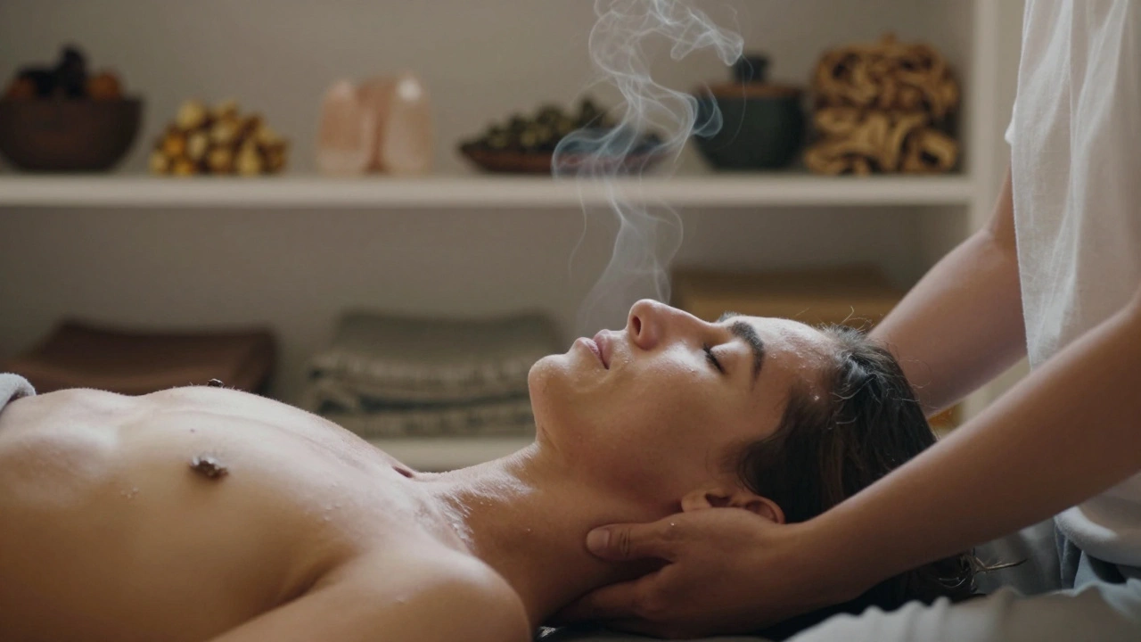 Dva lidé synchronizují dech během tantrické masáže, jejich dýchání je viditelně zarovnané v klidném prostředí.