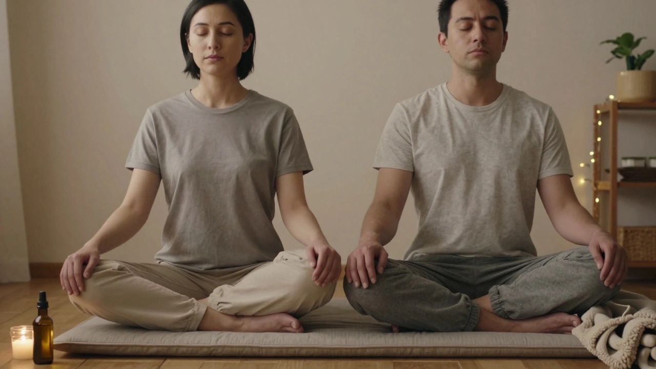 Dvojice sedí vedle sebe v klidném prostředí, ruce na kolenech, oči zavřené, projevují spojení bez fyzické blízkosti.