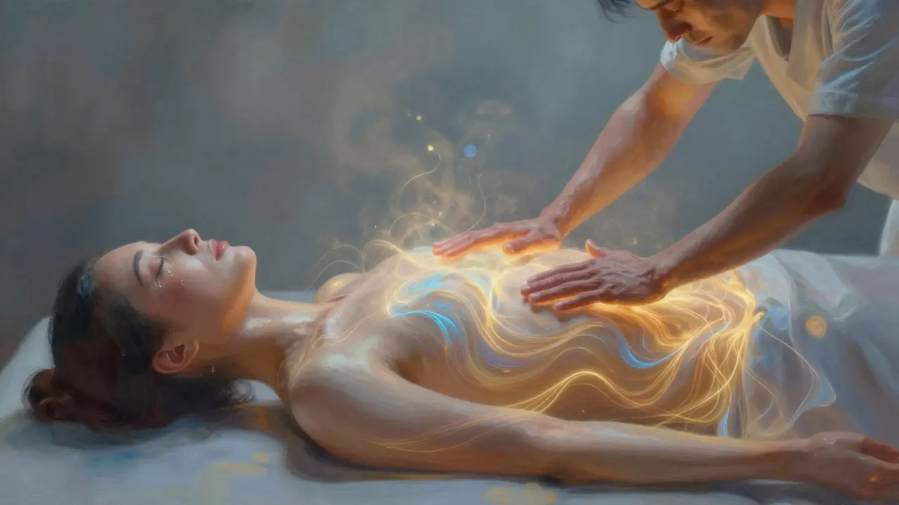 Neviditelné energie proudí z rukou maséře do těla klienta, který prožívá hluboké uvolnění s leskem slz na tváři.