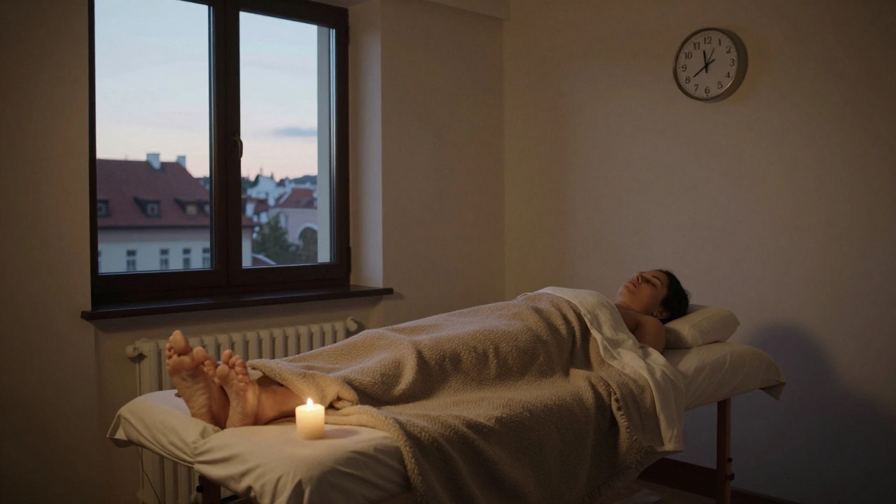 Prázdná massage místnost po sezení, klient pod plátnem, svíčka hoří, venku je soumrak.