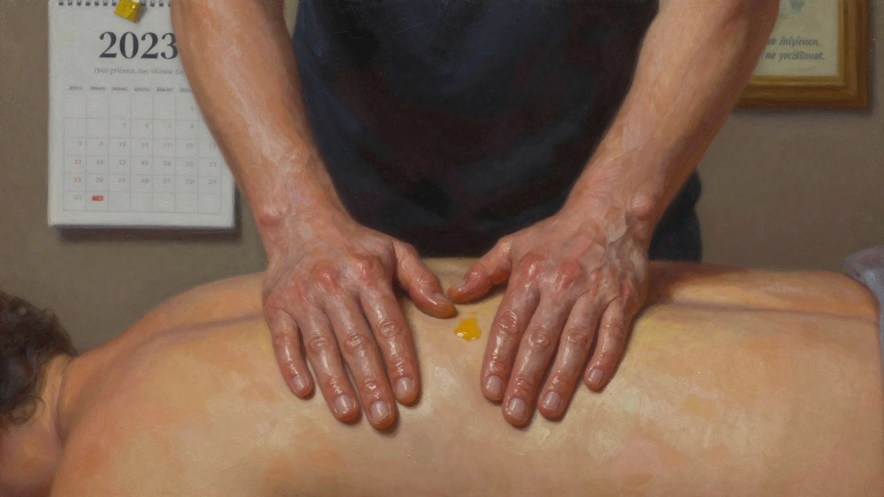 Ruce maséra jemně dotýkají záda klienta s teplým olejem, v pozadí je česká citace o přítomnosti.