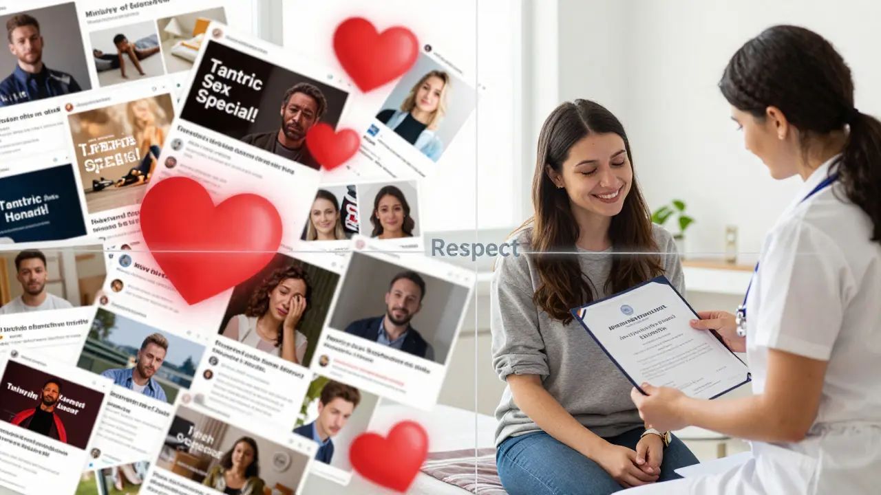 Contrast between misleading online ads and authentic tantric massage with certified practitioner and certificate.