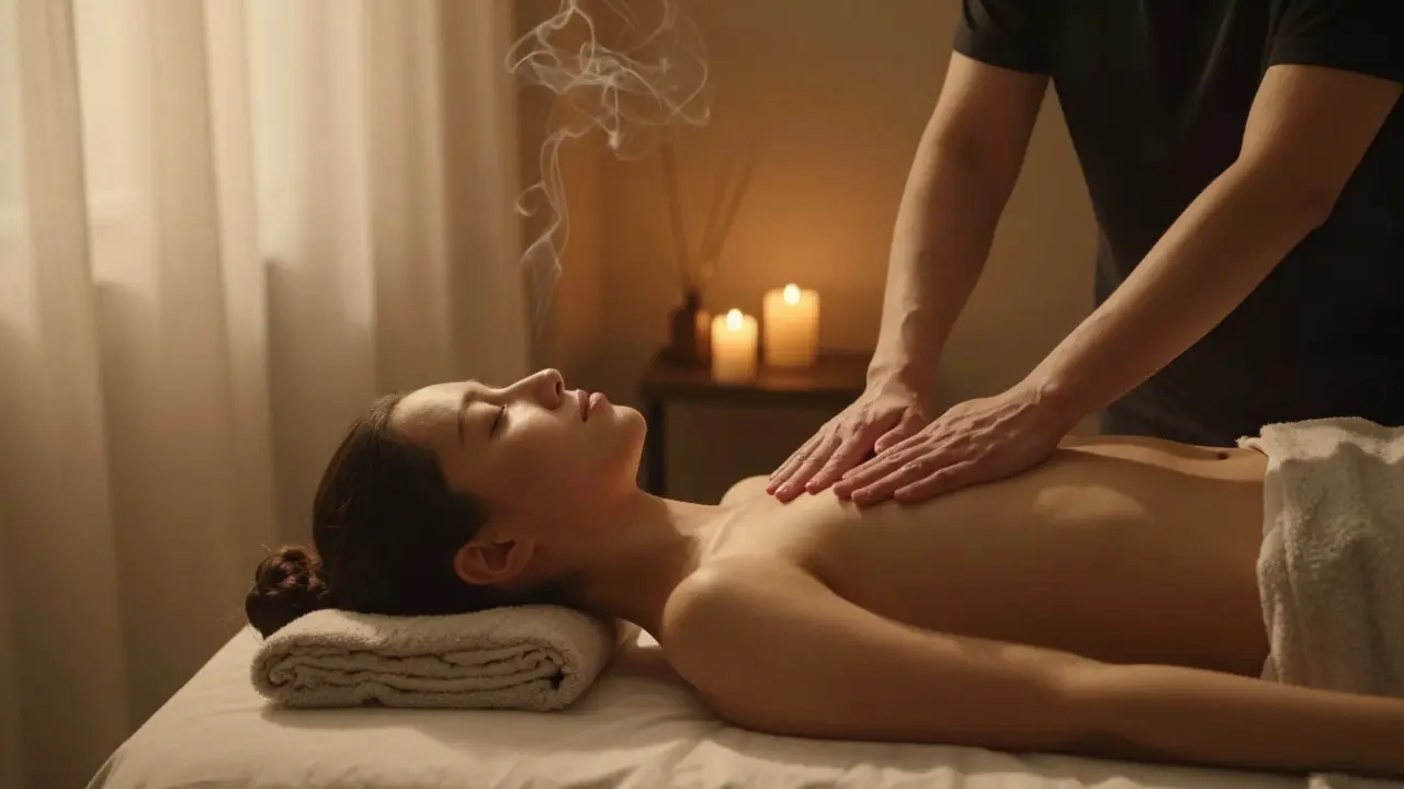 Masérka a klient v klidné místnosti s svíčkami, oba v klidu