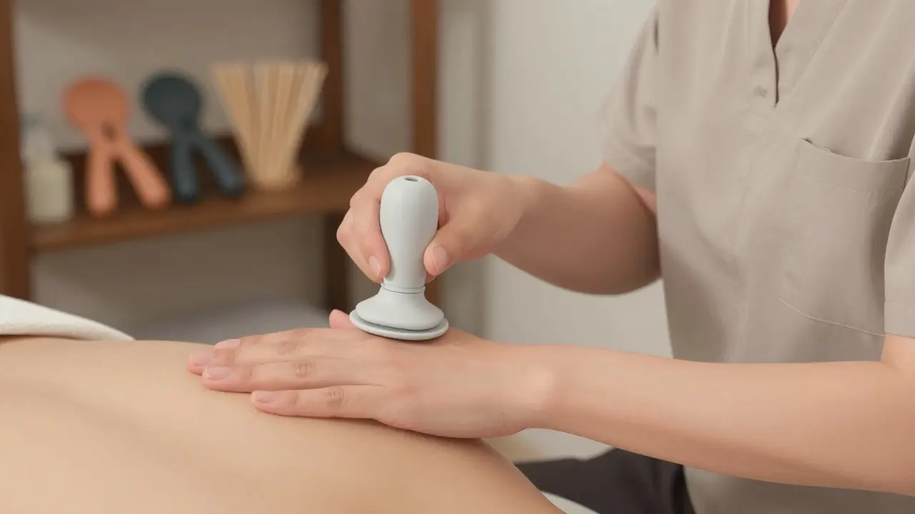 Masérka připevňuje Thumb-Saver k palci při práci na svalovém uzlu.