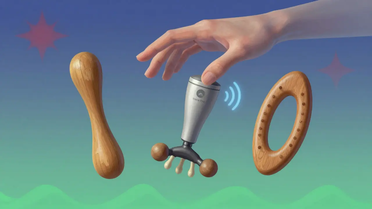 Tři masážní nástroje ve vzduchu s přechodem od bolesti k úlevě.