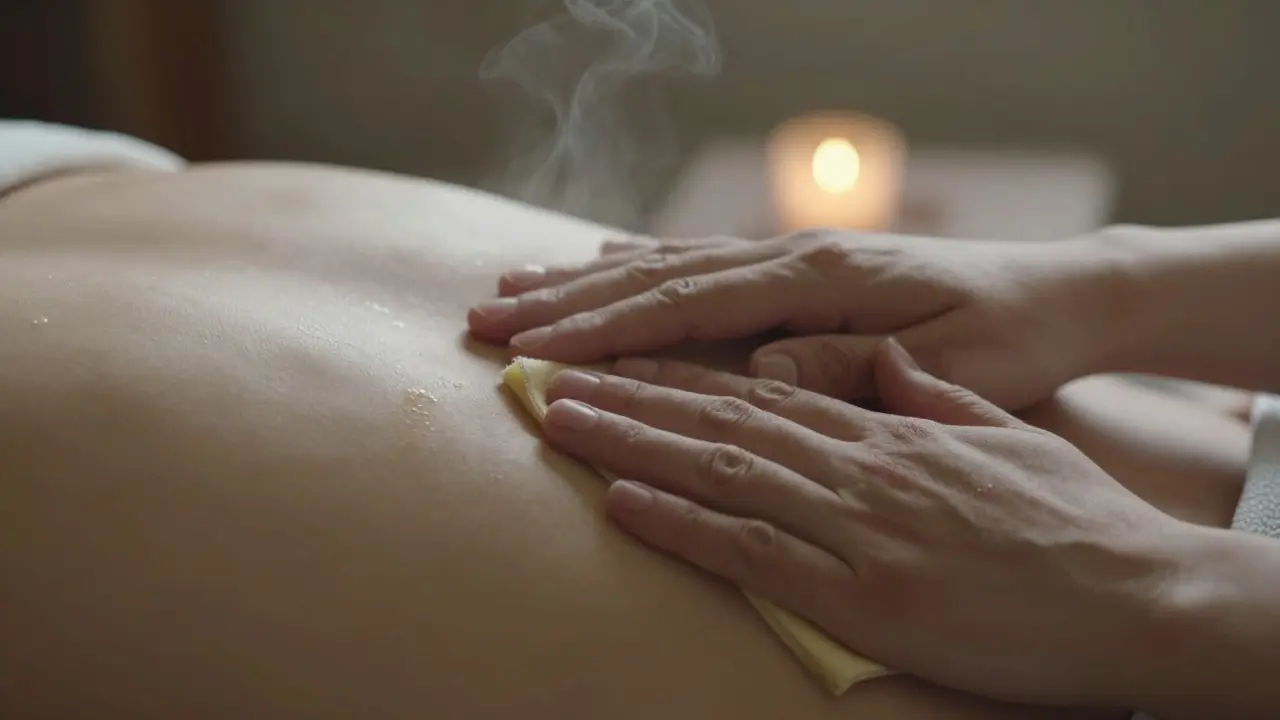 Dvě ruce – jedna na hrudi, druhá drží teplý ručník – v mírném světle svíčky, žádná tvář, jen dotek a teplo.