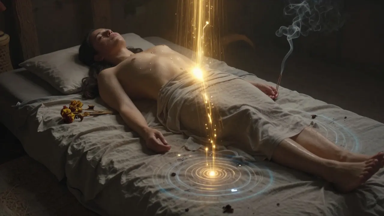 Osoba leží s slzami a jemnými energiemi proudícími po těle, symbolizujícími uvolnění emocí.