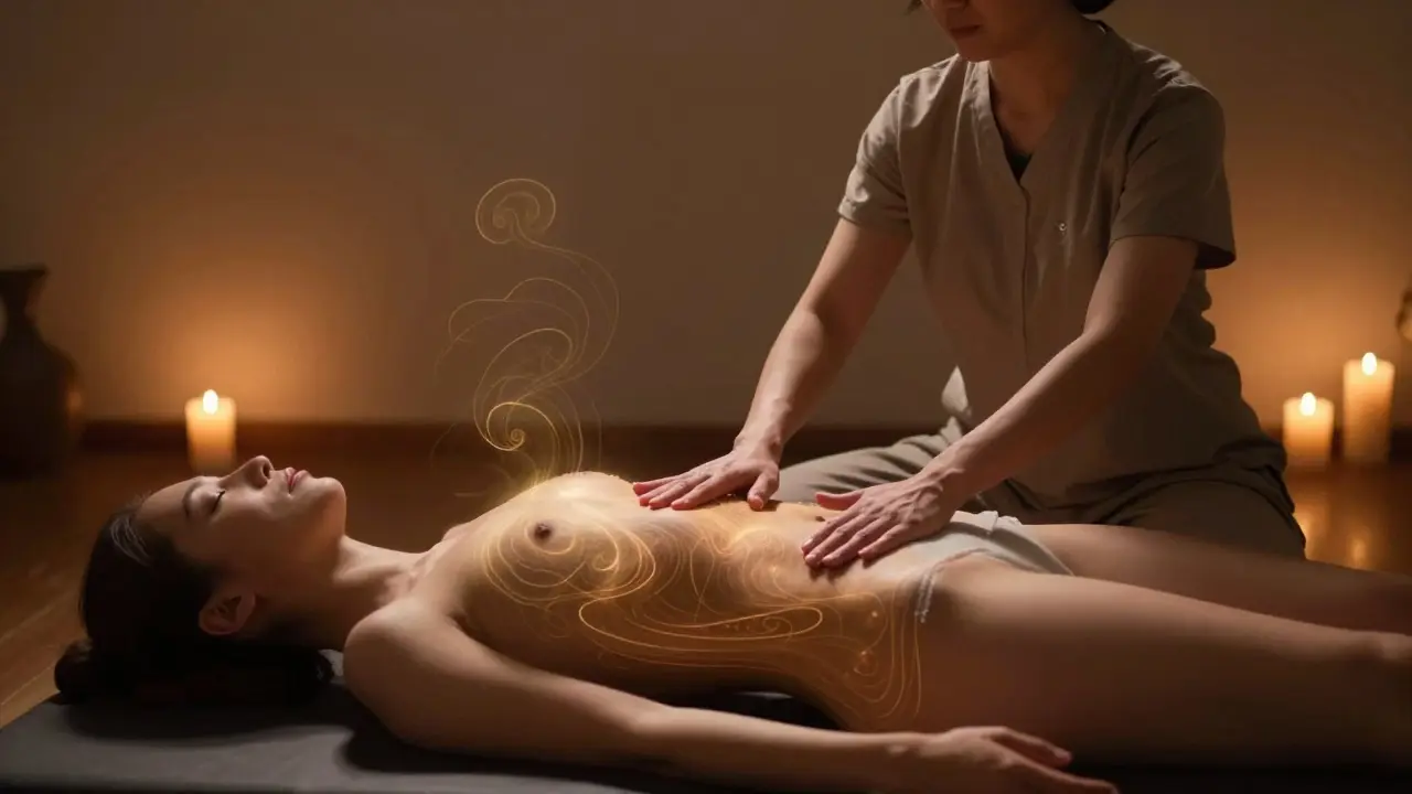 Tantrická masáž v klidném prostředí s vědomým dechem a jemnými doteky bez fyzického nátlaku.