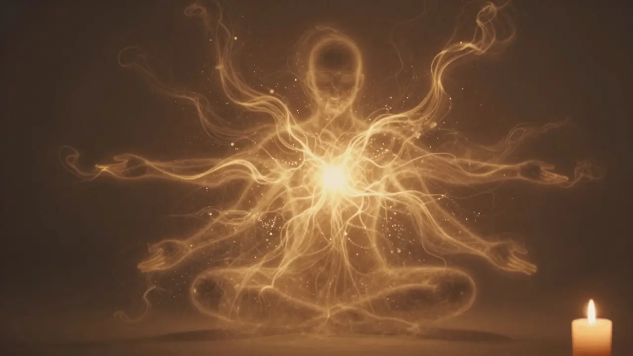 Zlatý světlo proudí z hrudníku postavy do končetin, kolem jemné částice tepla a dechu, symbol přítomnosti v okamžiku.