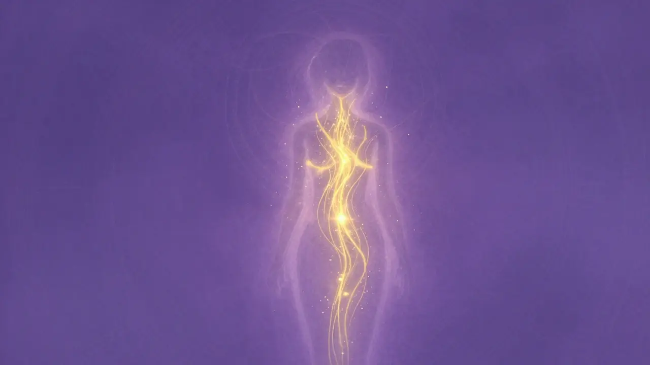 Abstraktní zobrazení zlaté energie stoupající po páteři, tantra.