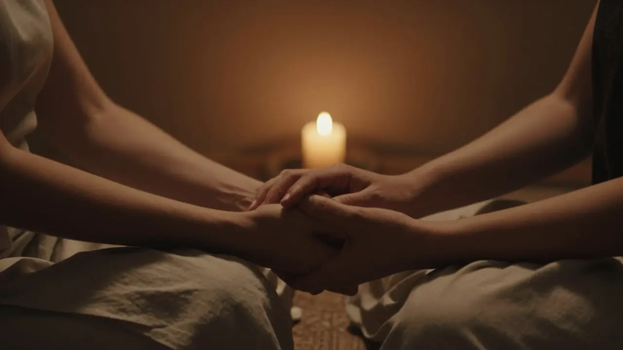 Dva lidé držící ruce při světle svíček, symbolizují důvěru a spojení.