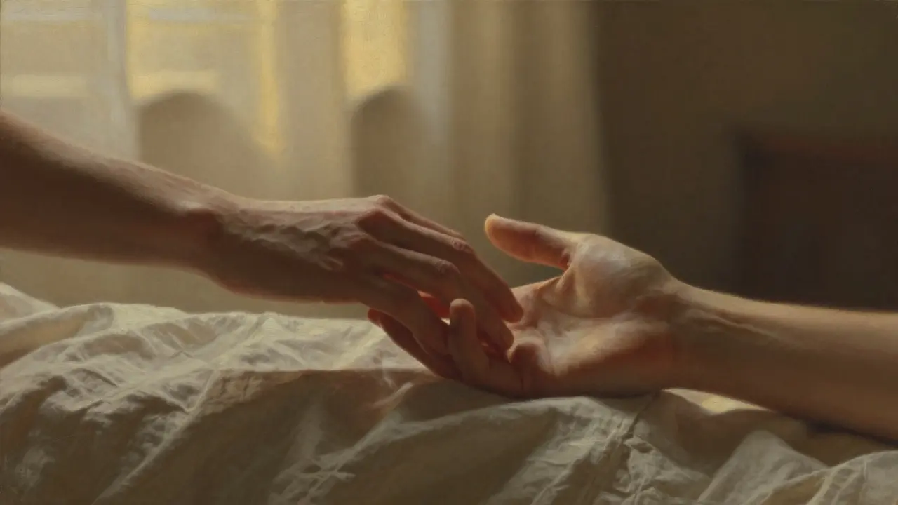 Dvě ruce se jemně dotýkají nad bílým lněným plátnem v teplém světle.