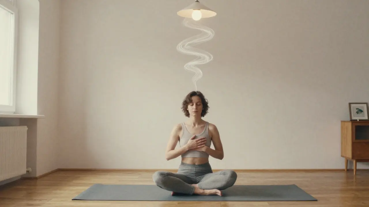 Osamělý člověk dýchá v klidu, z jeho těla stoupá spirála dechu, symbolizující vnitřní připojení.