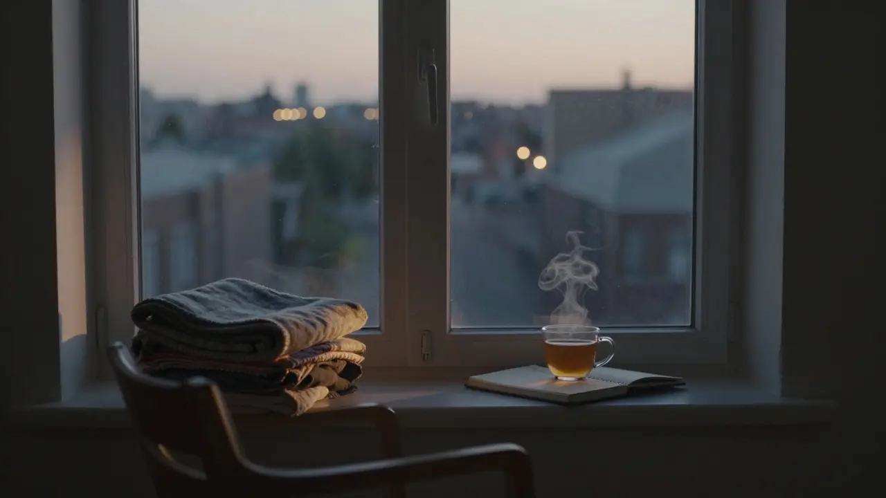 Prázdné křeslo u okna s knihou a šálkem čaje, večerní světlo osvětluje klidné prostředí.