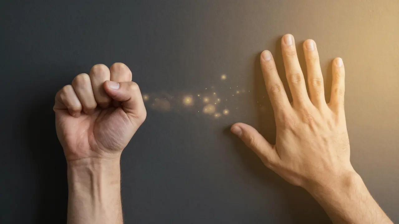 Ruka se zavřenou pěstí přechází do otevřené ruky na hrudi — symbol důvěry.