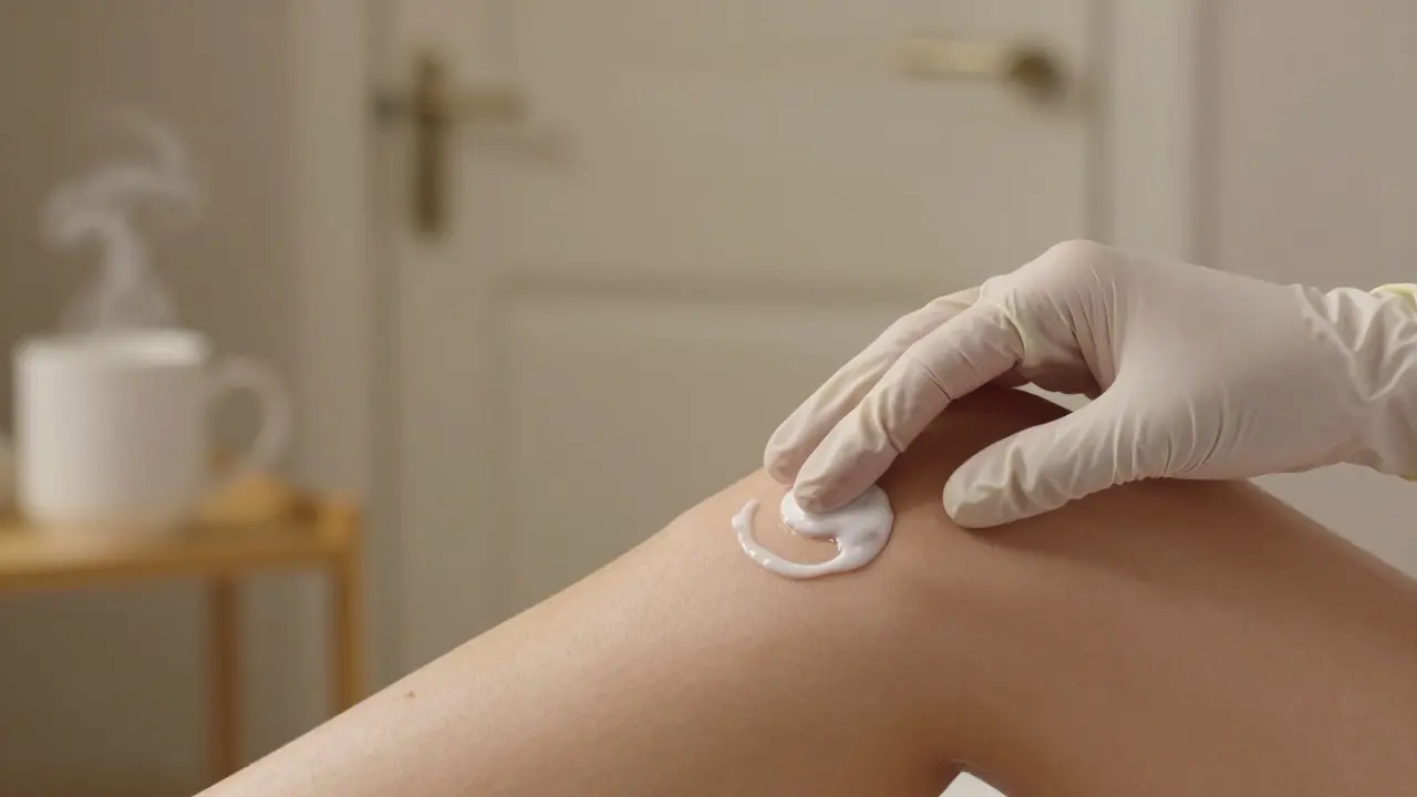 Ruka v rukavici jemně obíhá perineum s lubrikantem, symbolizující bezpečný a respektující přístup.