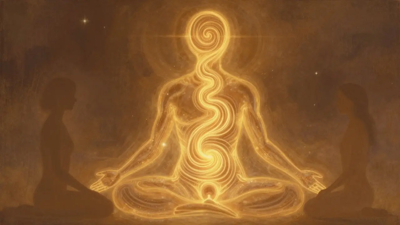 Zlatá energie stoupá z perinea tělem, synchronizovaná s dýcháním, ve spojení se dvěma klidnými postavami.