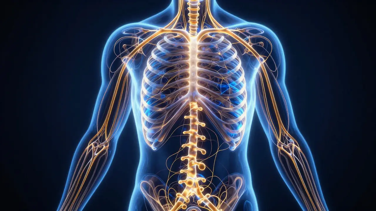 Abstraktní silueta člověka s proudícími zlatými světly symbolizujícími hormony štěstí.