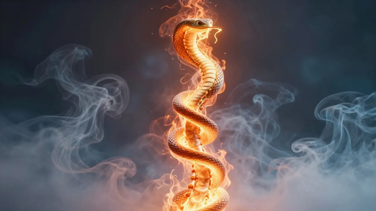 Abstraktní znázornění vzestupující energie kundalini podél páteře.