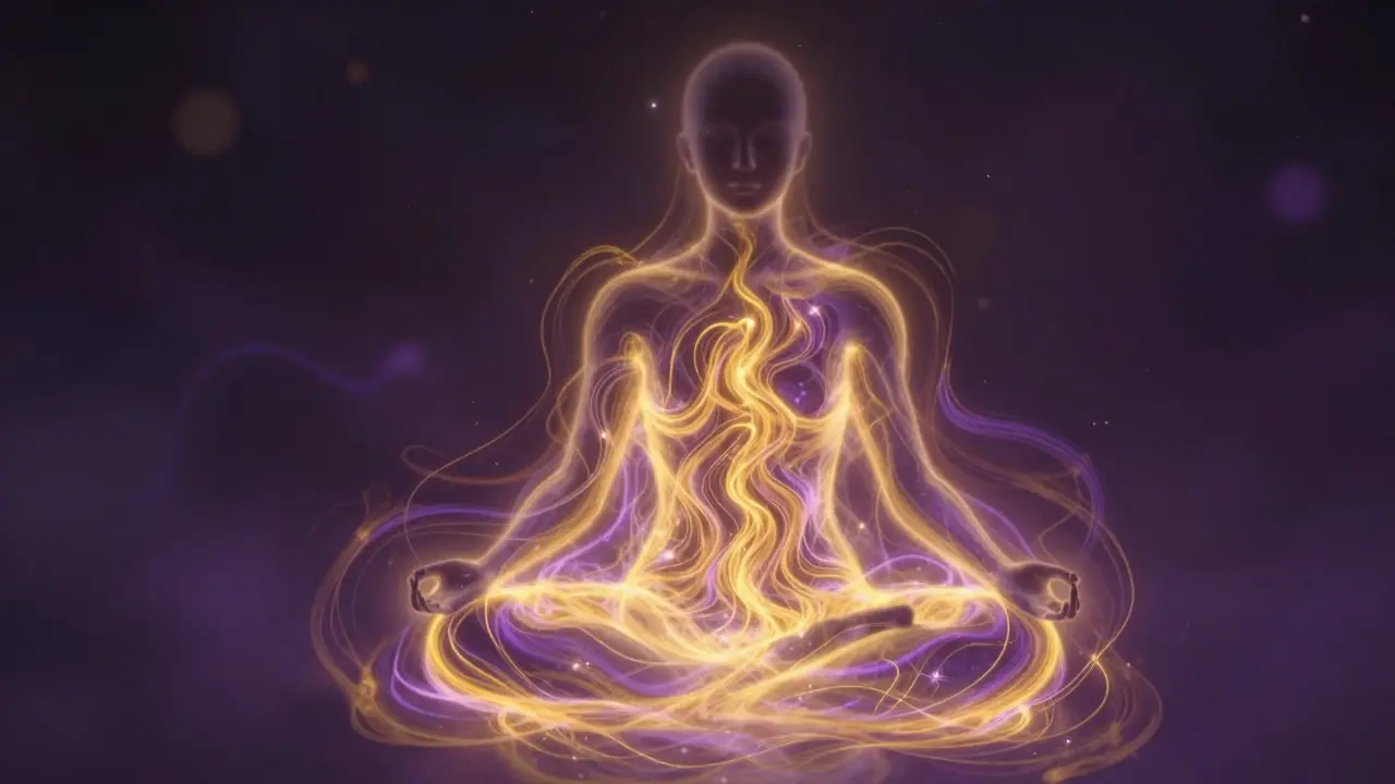 Abstraktní zobrazení proudění zlaté energie v lidském těle během meditace.