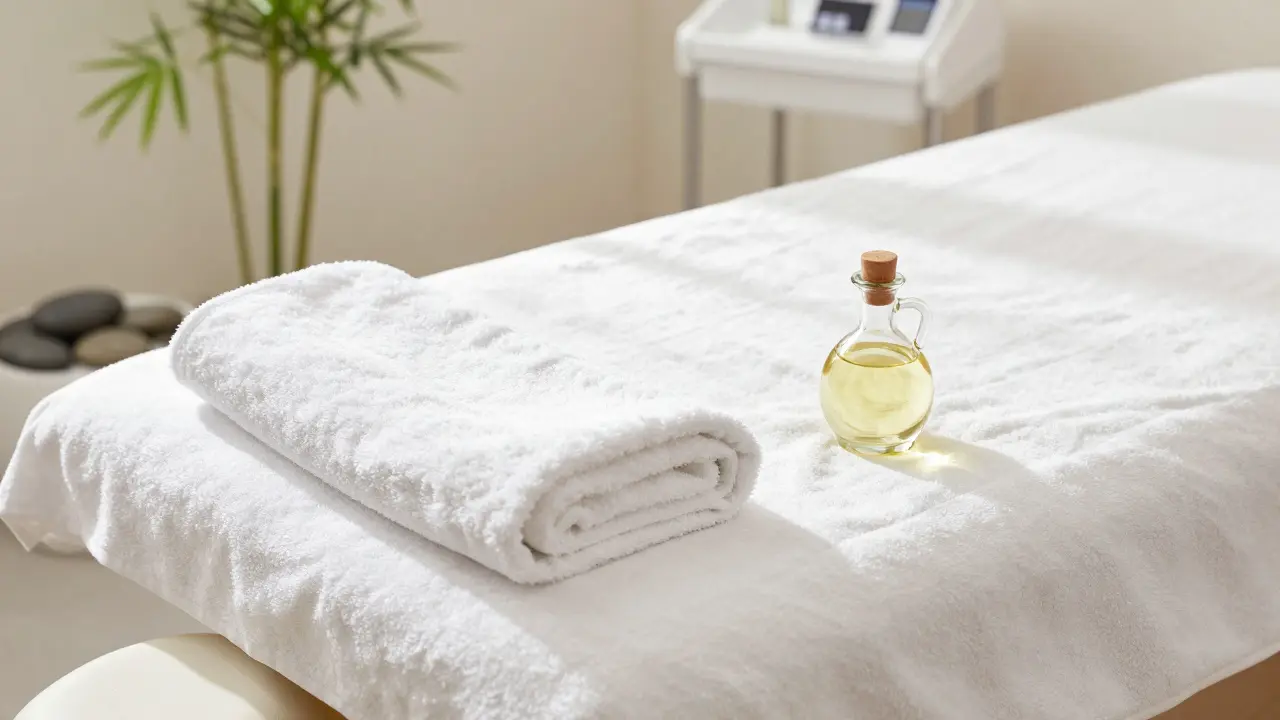 Detail profesionální masážní podložky a lahvičky s jojobovým olejem.