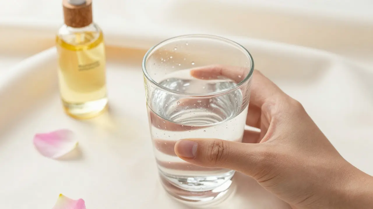 Detail sklenice vody a organického oleje na hedvábné látce.