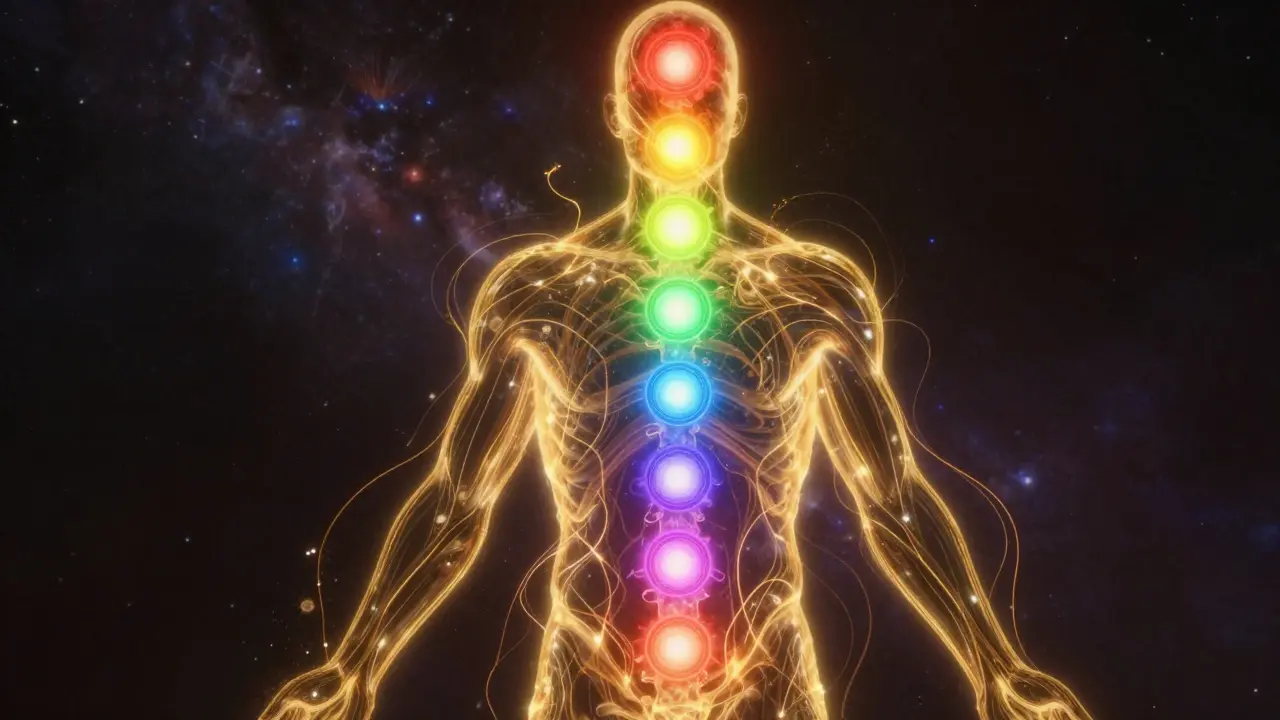 Ilustrace energetických center čaker a proudící zlaté energie Kundalini v těle.