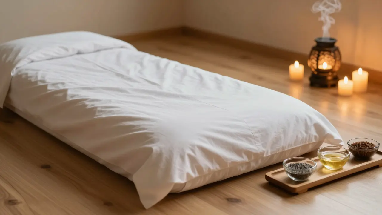 Interiér masážní místnosti s futonem, zapálenými svíčkami a esenciálními oleji.