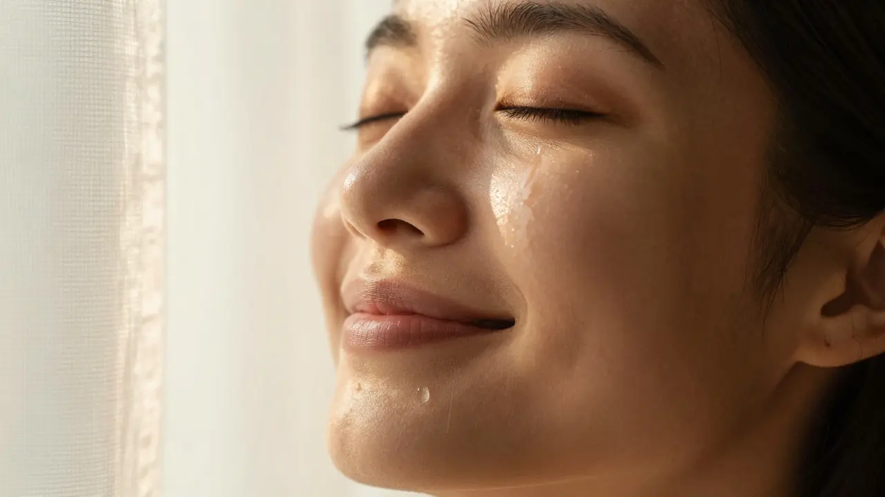 Klíčový detail tváře člověka v hlubokém vnitřním klidu a uvolnění.